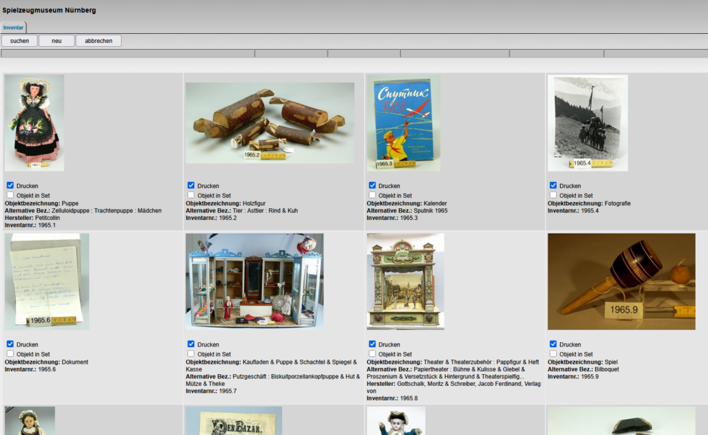 Screenshot Datenbank Spielzeugmuseum Nürnberg